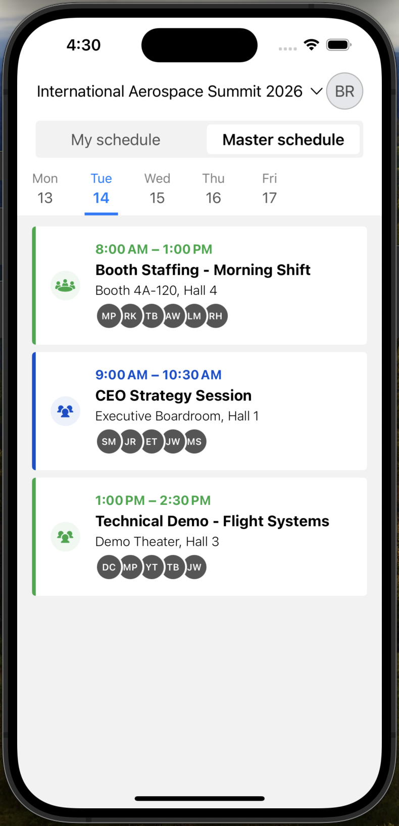 iOS schedule app showing daily event timeline for an international aerospace trade show