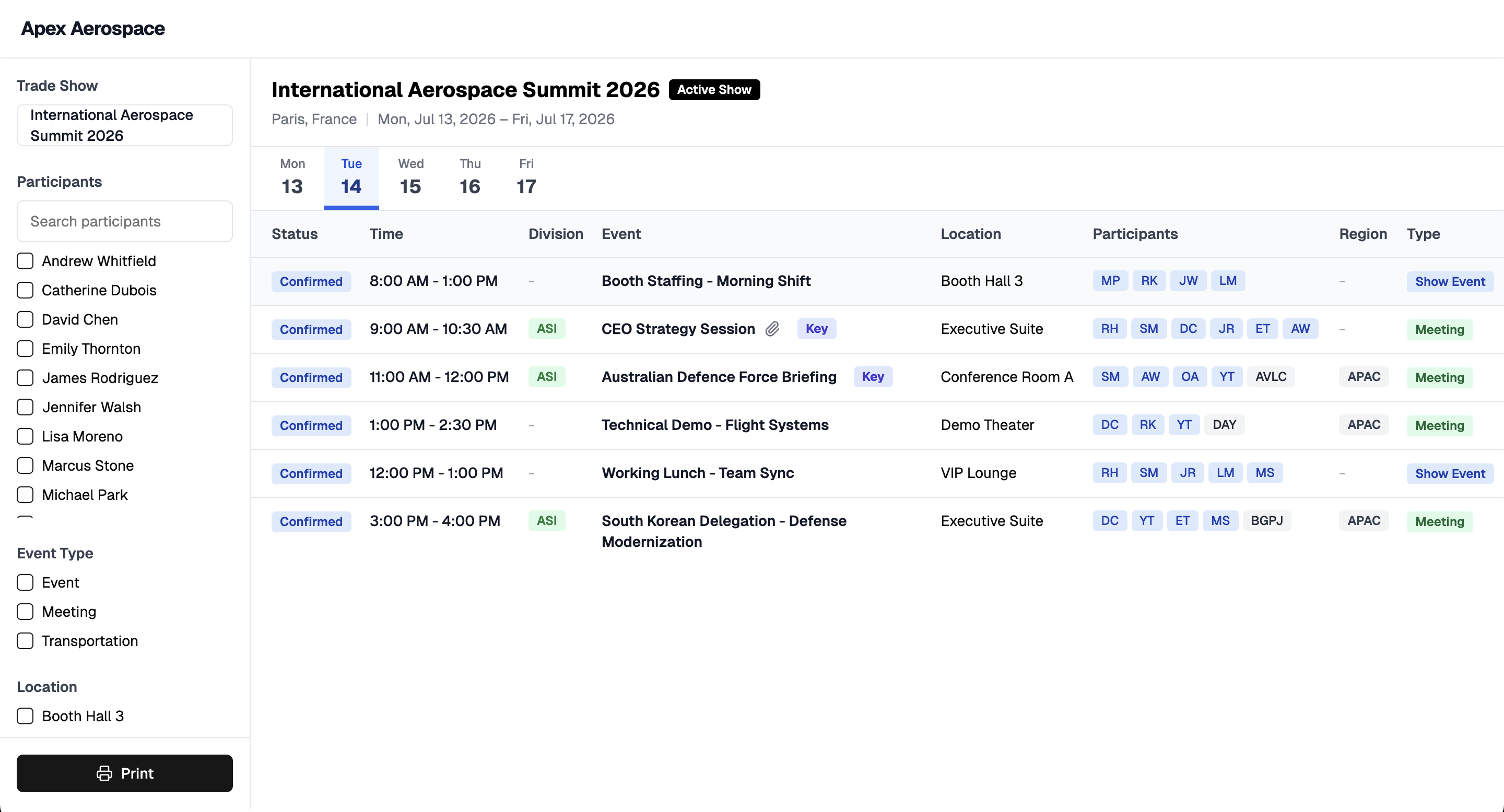 Aerospace trade show admin dashboard