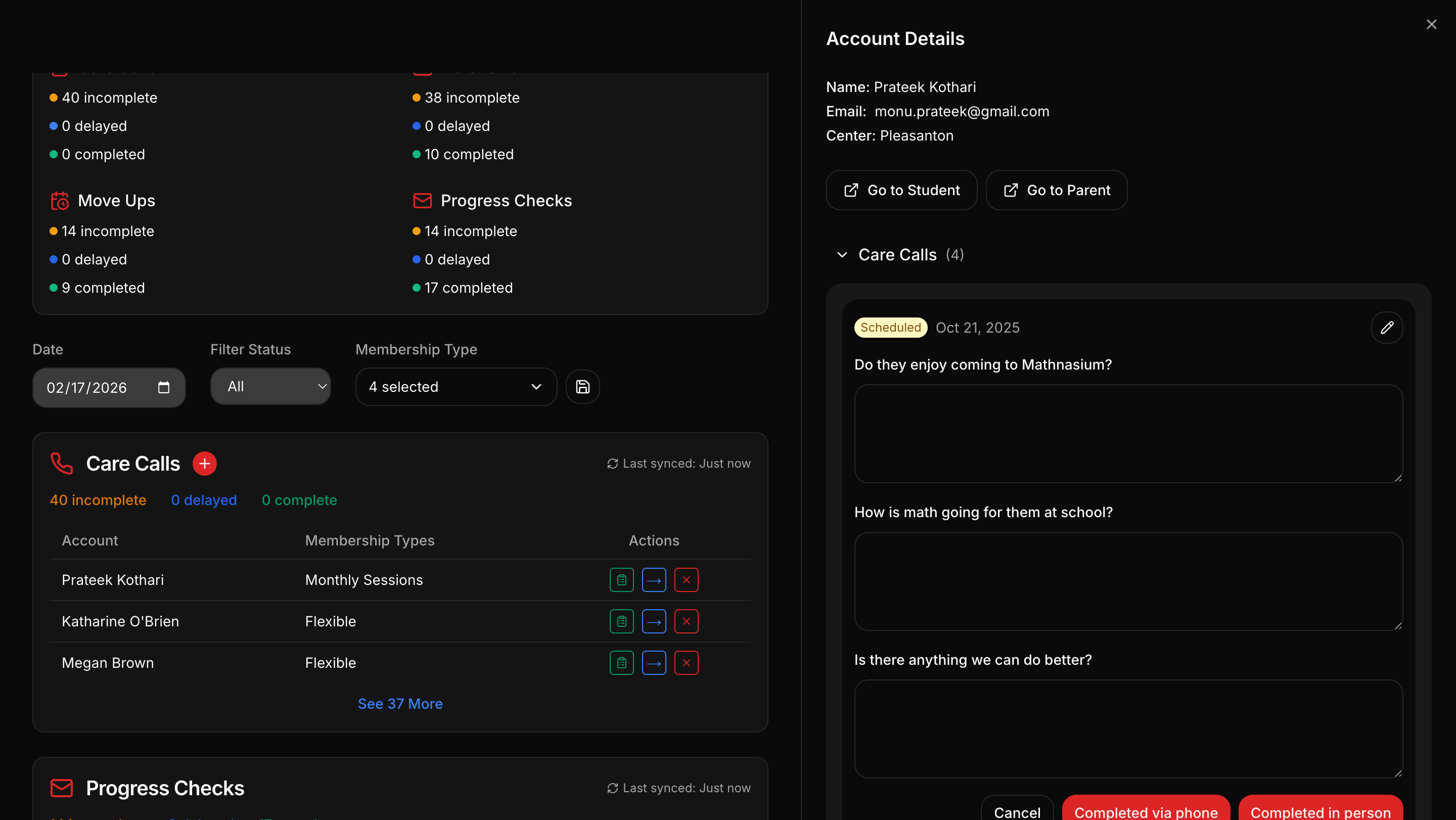 Care call detail view showing student account information, call history, and guided questions