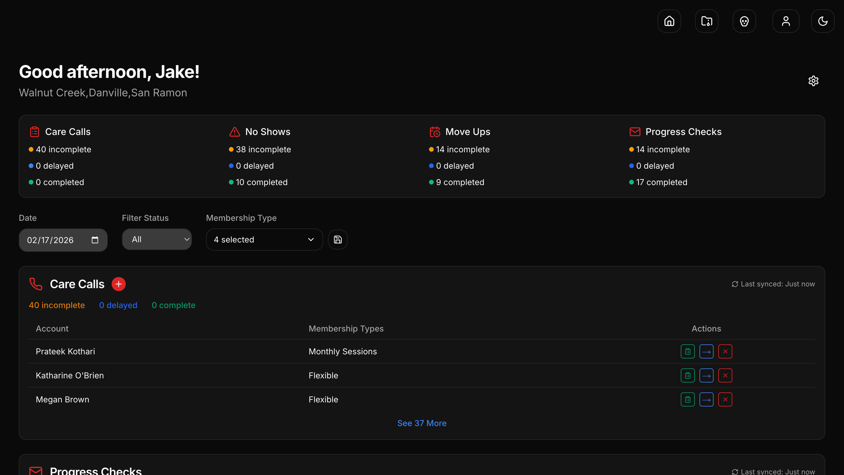 Mathnasium operations dashboard showing care calls, progress checks, and no-shows